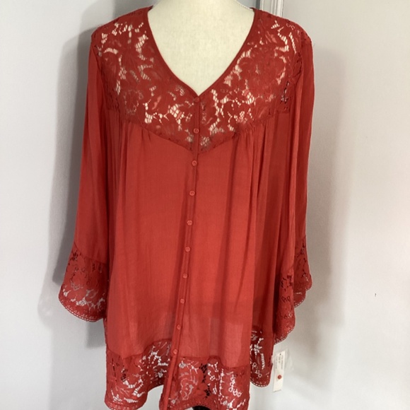 NWT ZAC & RACHEL  PLUS 2X BOHO TRAPEZE SWING TERRACOTTA BLOUSE TUNIC LACE… - Picture 11 of 14